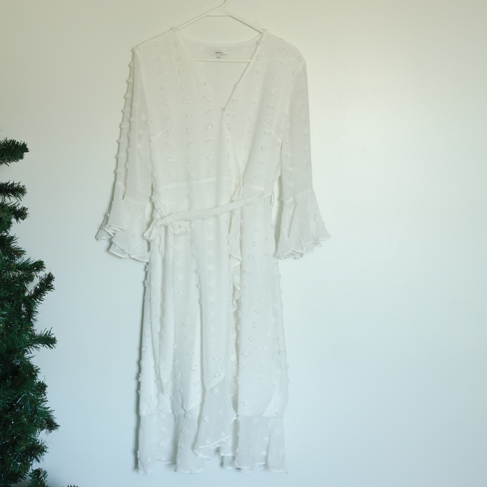 Jodifl White Swiss Dot Wrap Dress With Waist Tie & Ruffles